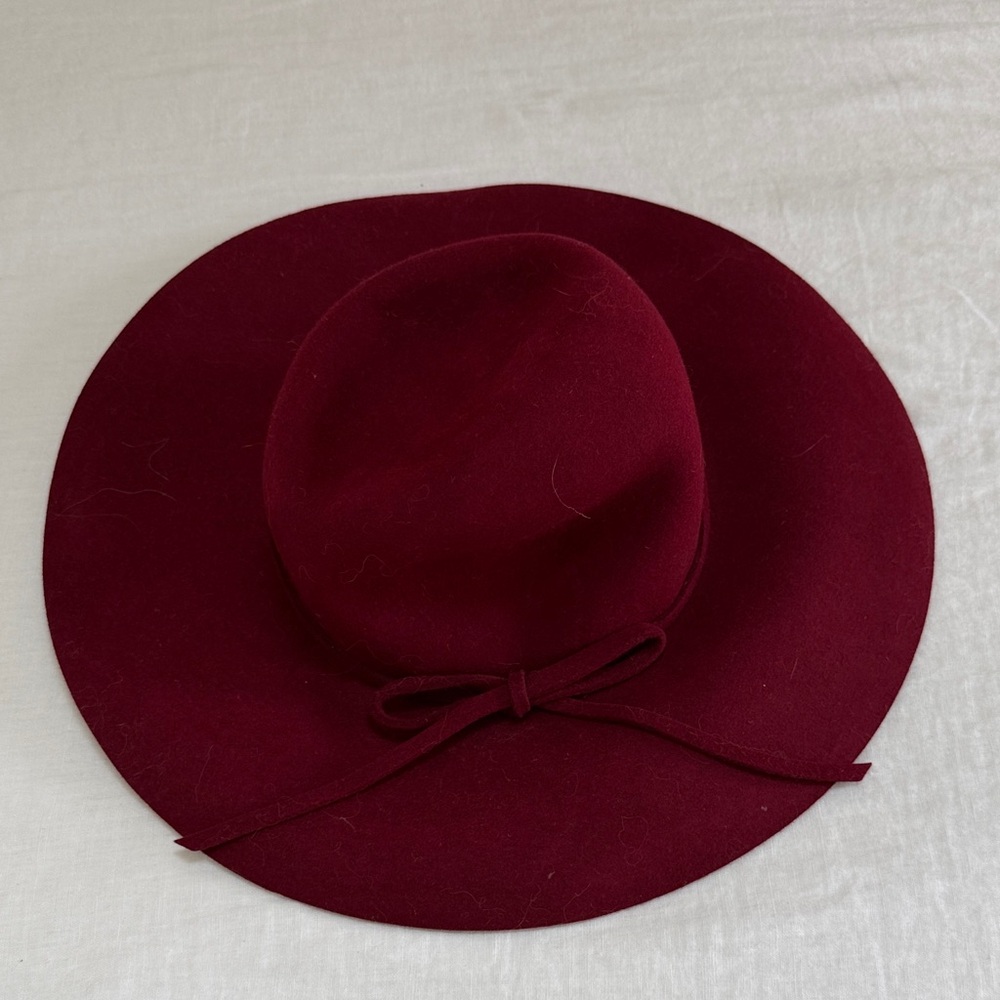 Womens Wide Brim Wool Bow Fedora Hat - Burgundy